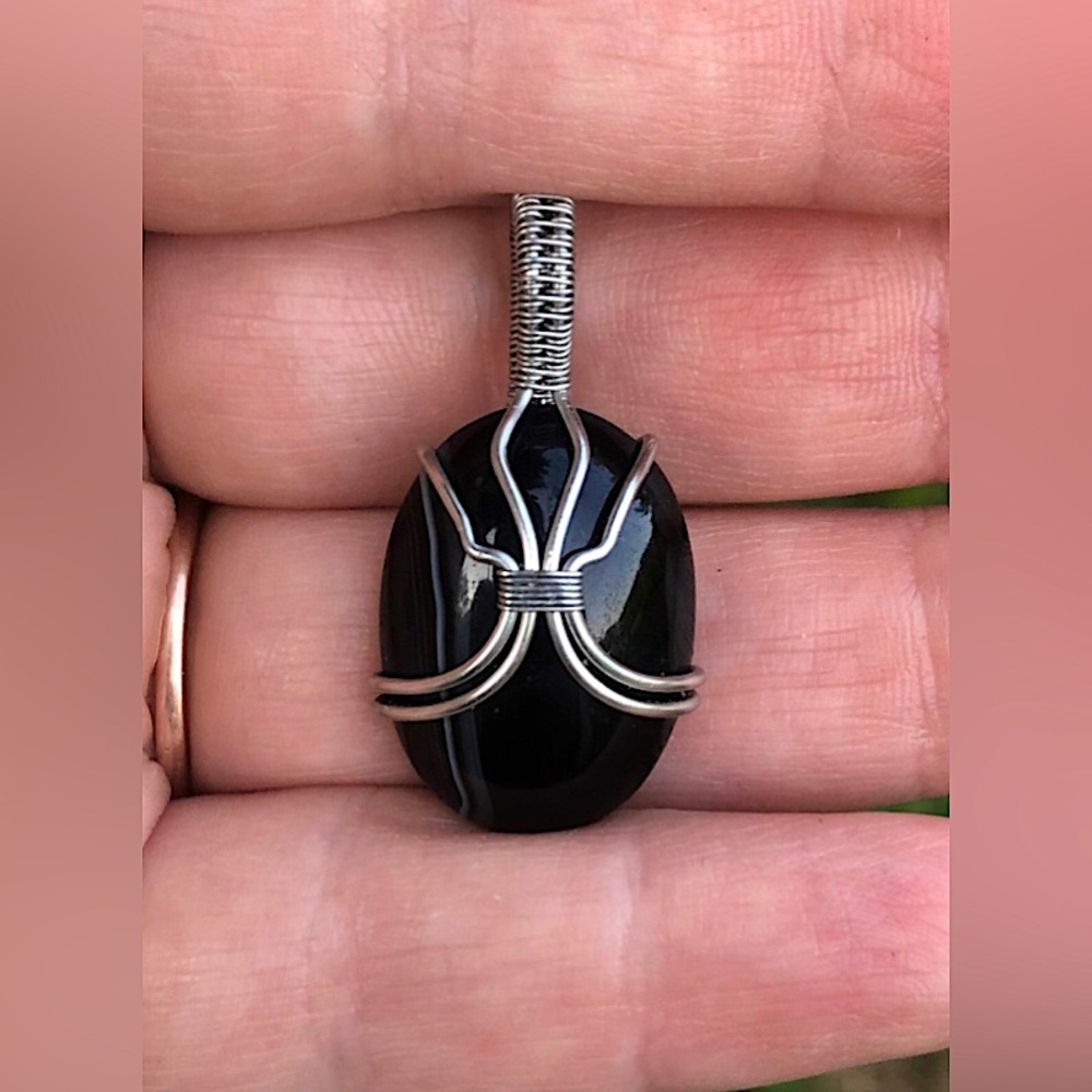 Wire Wrapped Black Stripe Agate Pendant Necklace Handmade OOAK
